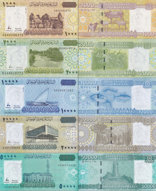 Somalia 1000 2000-50000 Shilin 2010 2023/2024 P 38 39 41 42 43 UNC Set 5 pcs